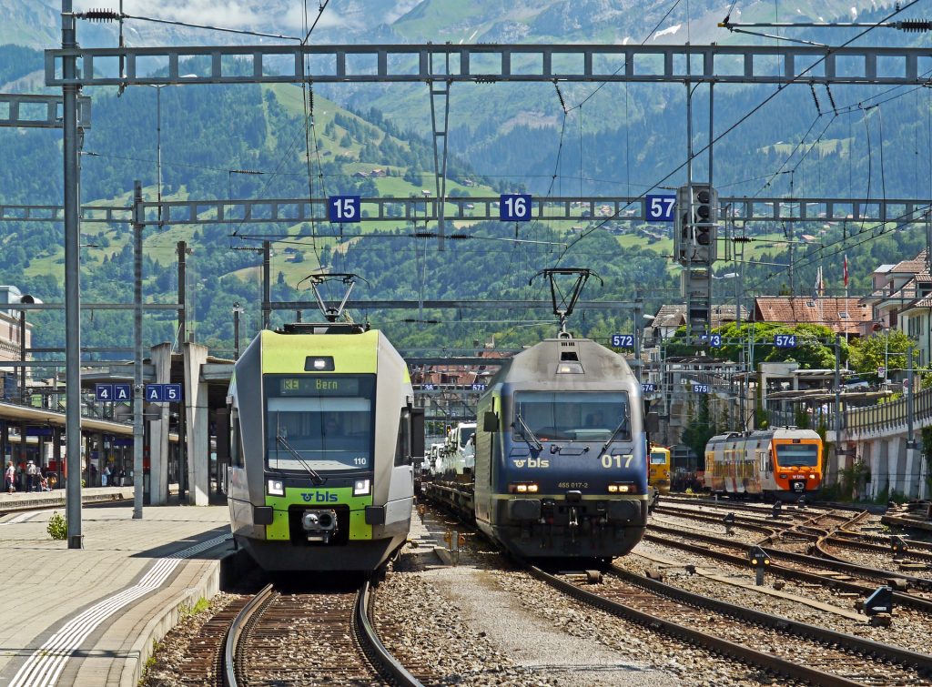 Trains at Spiez station, Switzerland.