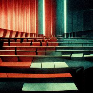 Immagine astratta rappresentante l'interno di un cinema futuristico.