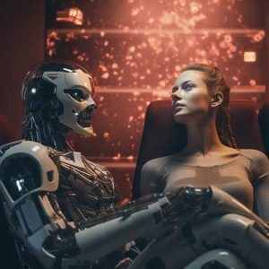 A girl and a robot together in a movie theater