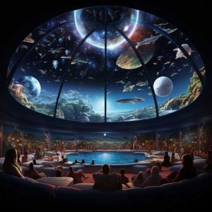 Persone in una cupola immaginaria con proiezioni di pesci e pianeti in un grande cielo.