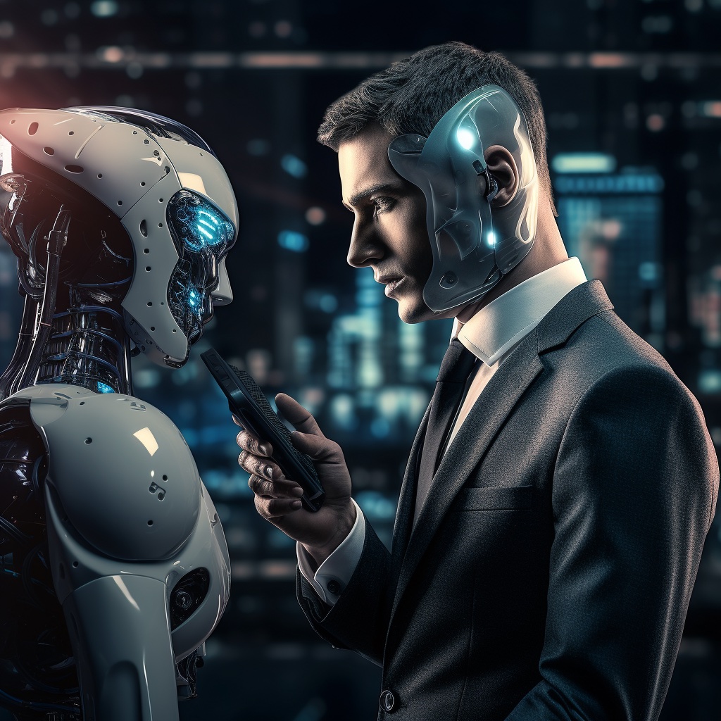 Immagine generata con MidJourney che mostra un uomo del futuro che parla con un robot.